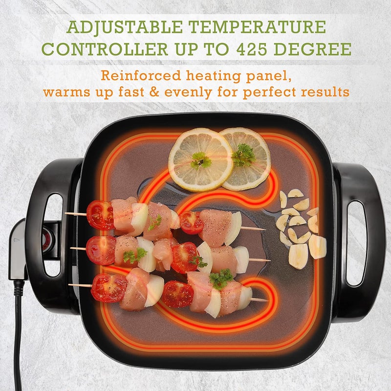 Moss & Stone Square Nonstick Electric Skillet With Lid, Aluminum 12x12 Inch Electric Frying Pan 5Qt, Nonstick Cooking Surface, Adjustable Temperature Control, Vented Glass Lid, Heat-Resistant Handle - Image 4